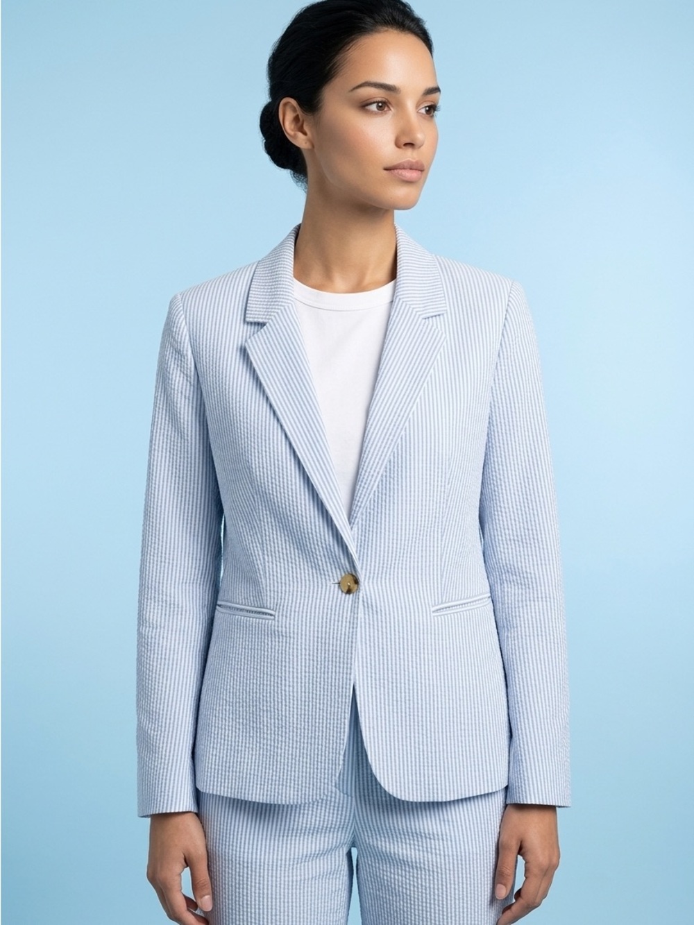 Light Blue Seersucker Single-Button Blazer